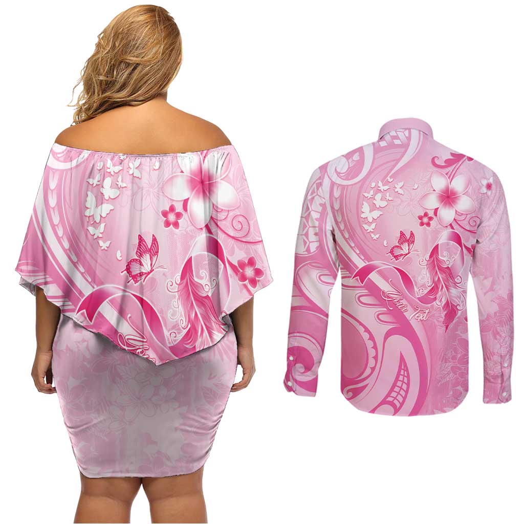 Personalised Memorial Pink Breast Cancer Awareness Couples Matching Off Shoulder Short Dress and Long Sleeve Button Shirt Plumeria Floral Tribal Pattern - Polynesian Pride