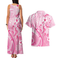 Personalised Memorial Pink Breast Cancer Awareness Couples Matching Tank Maxi Dress and Hawaiian Shirt Plumeria Floral Tribal Pattern - Polynesian Pride