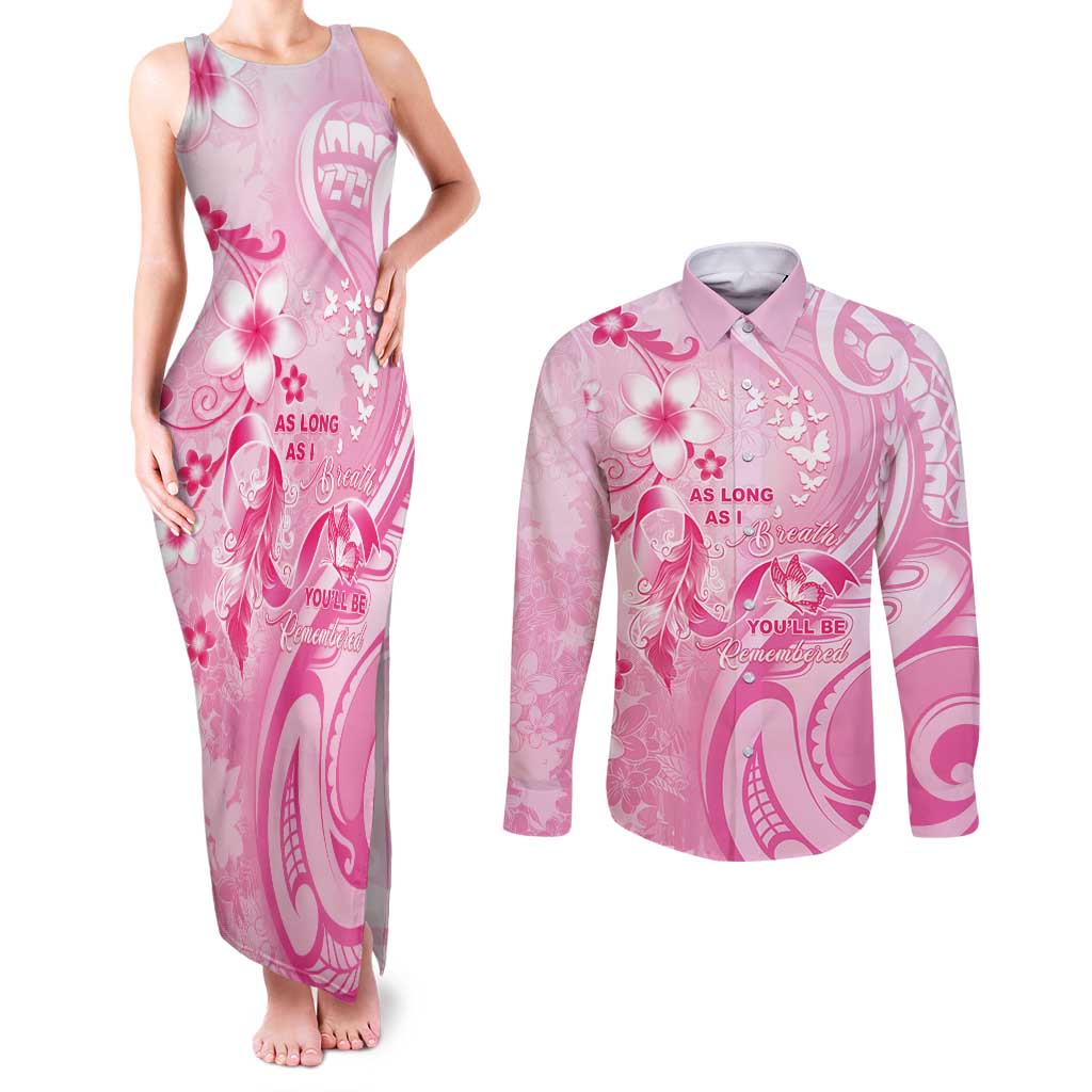 Personalised Memorial Pink Breast Cancer Awareness Couples Matching Tank Maxi Dress and Long Sleeve Button Shirt Plumeria Floral Tribal Pattern - Polynesian Pride