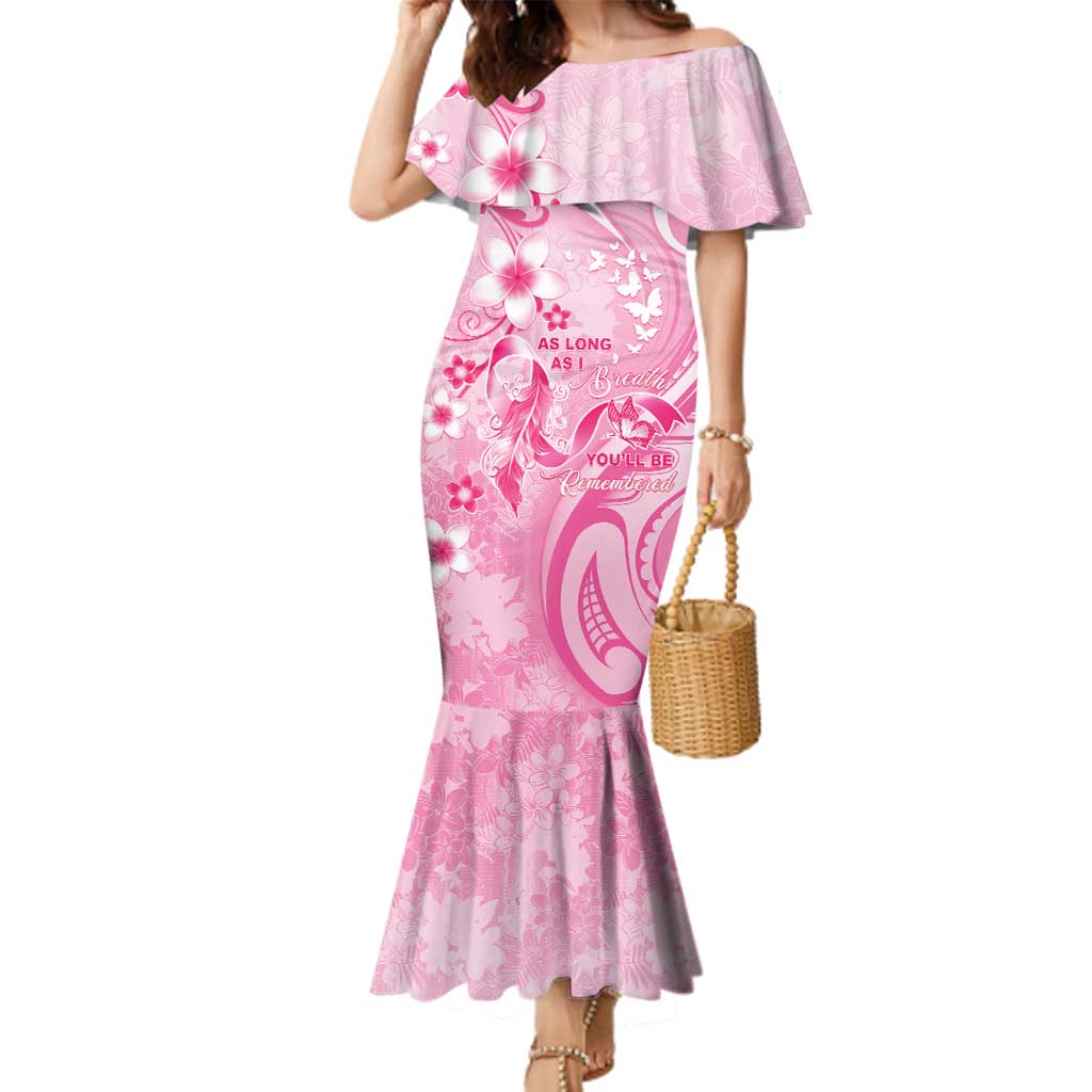 Personalised Memorial Pink Breast Cancer Awareness Family Matching Mermaid Dress and Hawaiian Shirt Plumeria Floral Tribal Pattern - Polynesian Pride