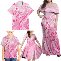 Personalised Memorial Pink Breast Cancer Awareness Family Matching Off Shoulder Maxi Dress and Hawaiian Shirt Plumeria Floral Tribal Pattern - Polynesian Pride