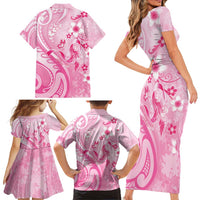 Personalised Memorial Pink Breast Cancer Awareness Family Matching Short Sleeve Bodycon Dress and Hawaiian Shirt Plumeria Floral Tribal Pattern - Polynesian Pride