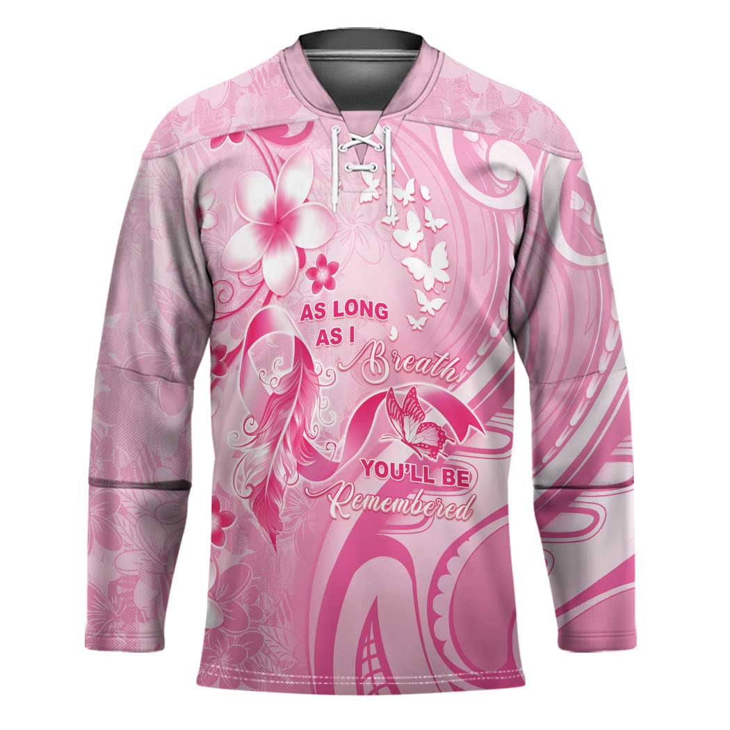 Personalised Memorial Pink Breast Cancer Awareness Hockey Jersey Plumeria Floral Tribal Pattern - Polynesian Pride