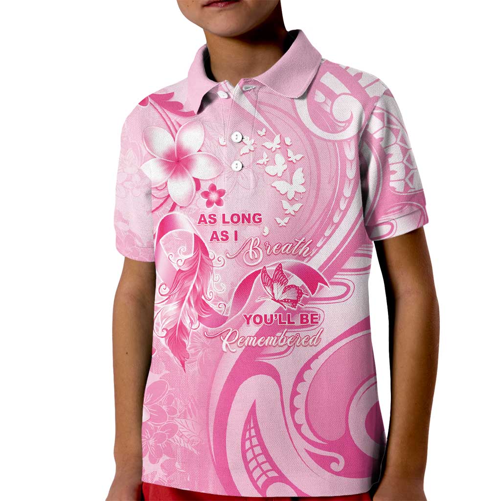 Personalised Memorial Pink Breast Cancer Awareness Kid Polo Shirt Plumeria Floral Tribal Pattern - Polynesian Pride