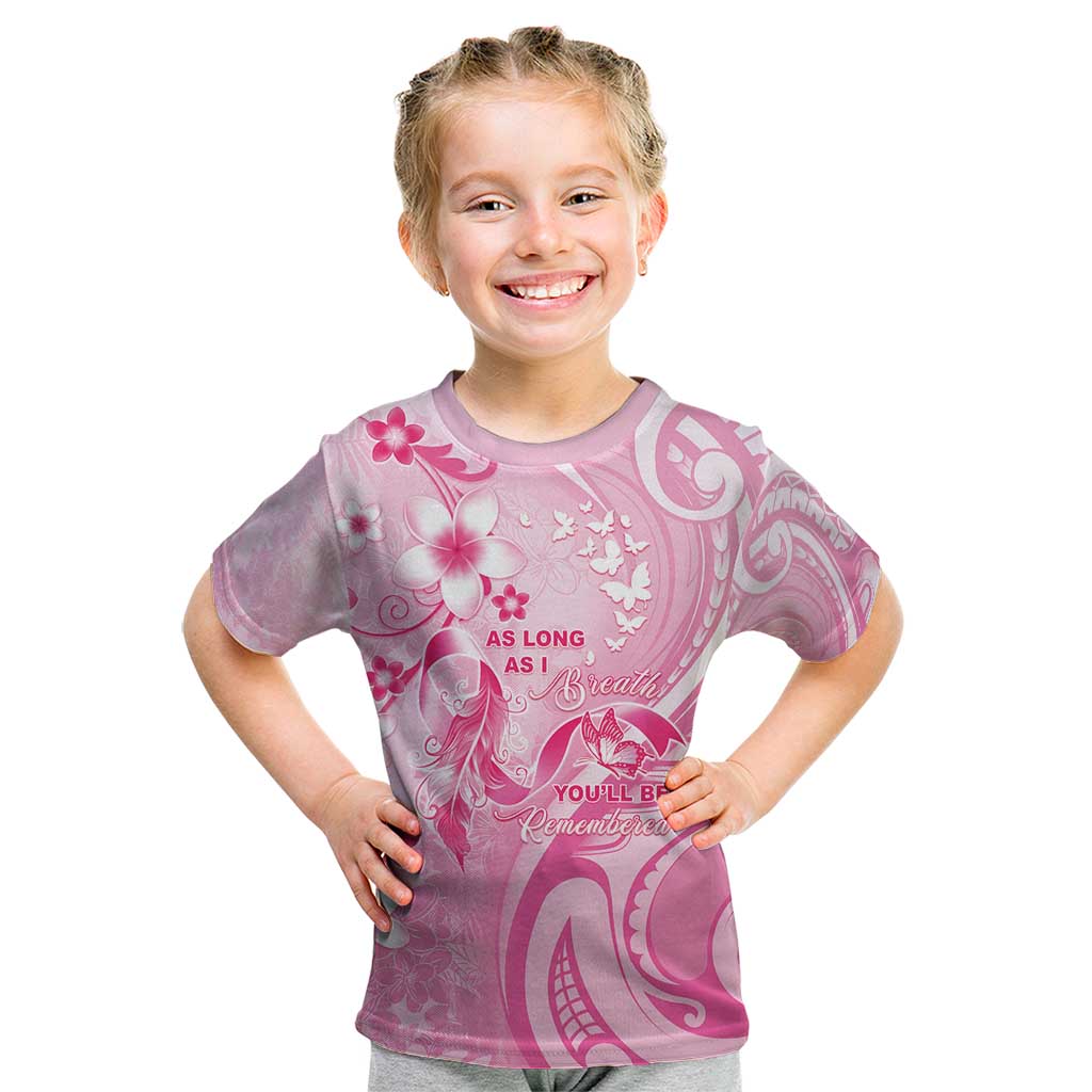 Personalised Memorial Pink Breast Cancer Awareness Kid T Shirt Plumeria Floral Tribal Pattern - Polynesian Pride