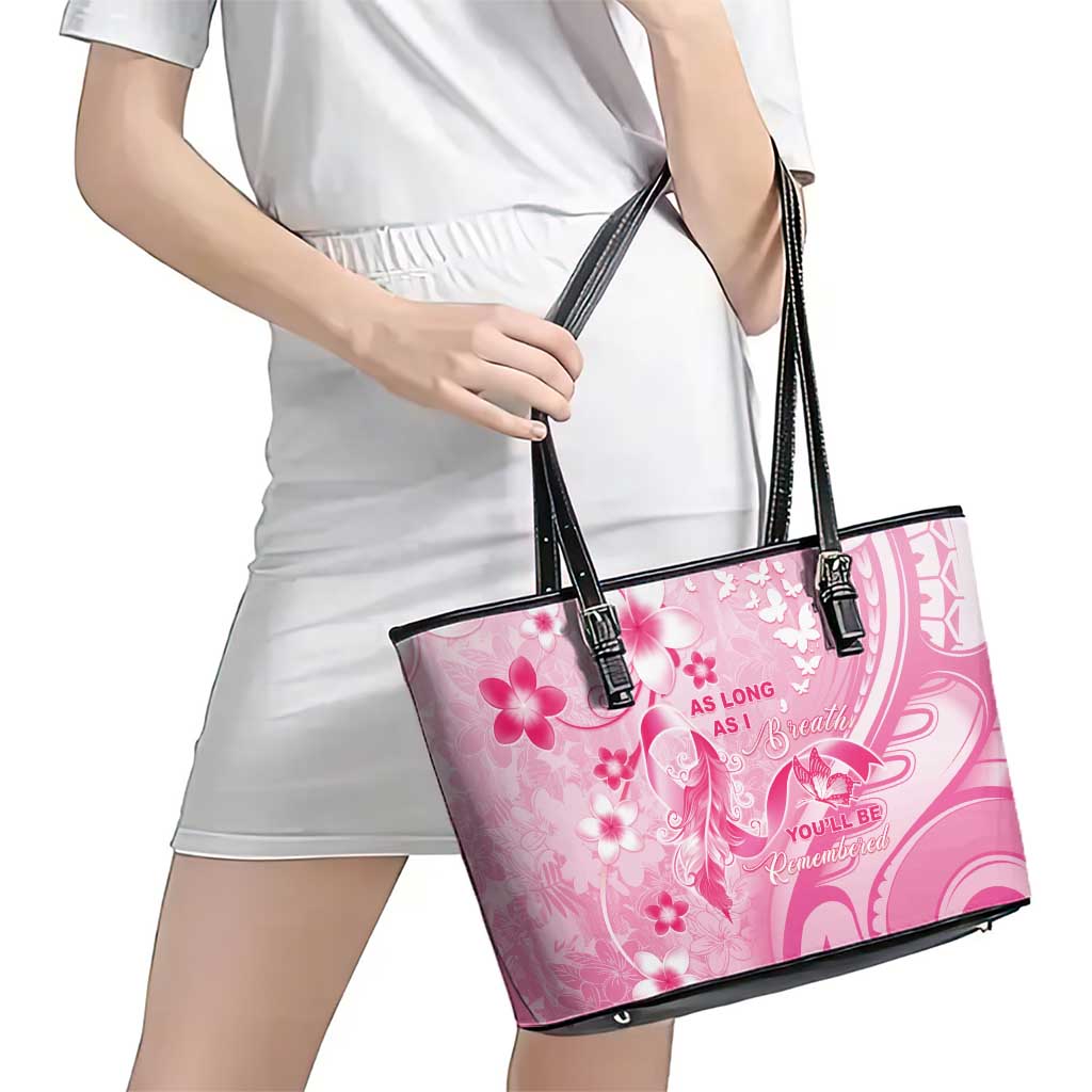 Memorial Pink Breast Cancer Awareness Leather Tote Bag Plumeria Floral Tribal Pattern - Polynesian Pride
