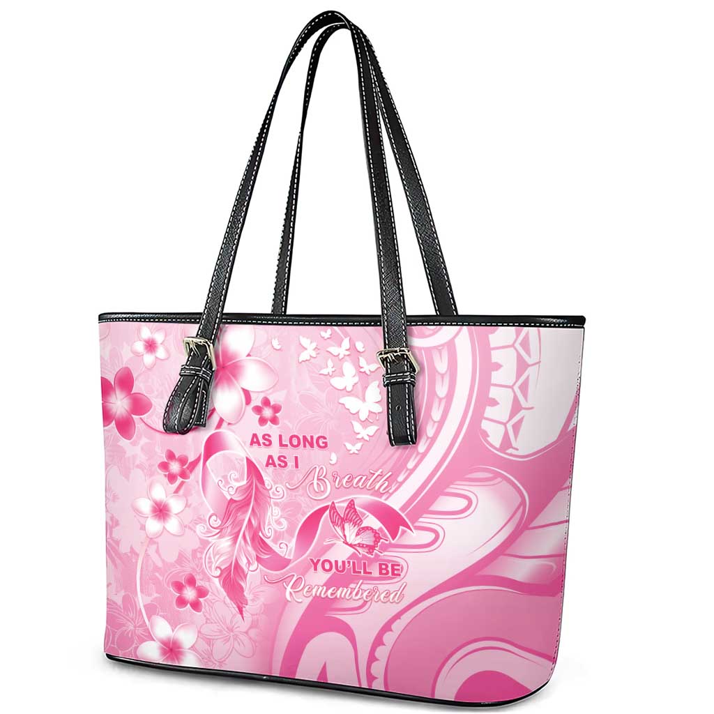 Memorial Pink Breast Cancer Awareness Leather Tote Bag Plumeria Floral Tribal Pattern - Polynesian Pride