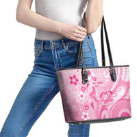 Memorial Pink Breast Cancer Awareness Leather Tote Bag Plumeria Floral Tribal Pattern - Polynesian Pride