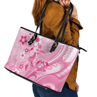 Memorial Pink Breast Cancer Awareness Leather Tote Bag Plumeria Floral Tribal Pattern - Polynesian Pride