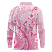 Personalised Memorial Pink Breast Cancer Awareness Long Sleeve Polo Shirt Plumeria Floral Tribal Pattern - Polynesian Pride