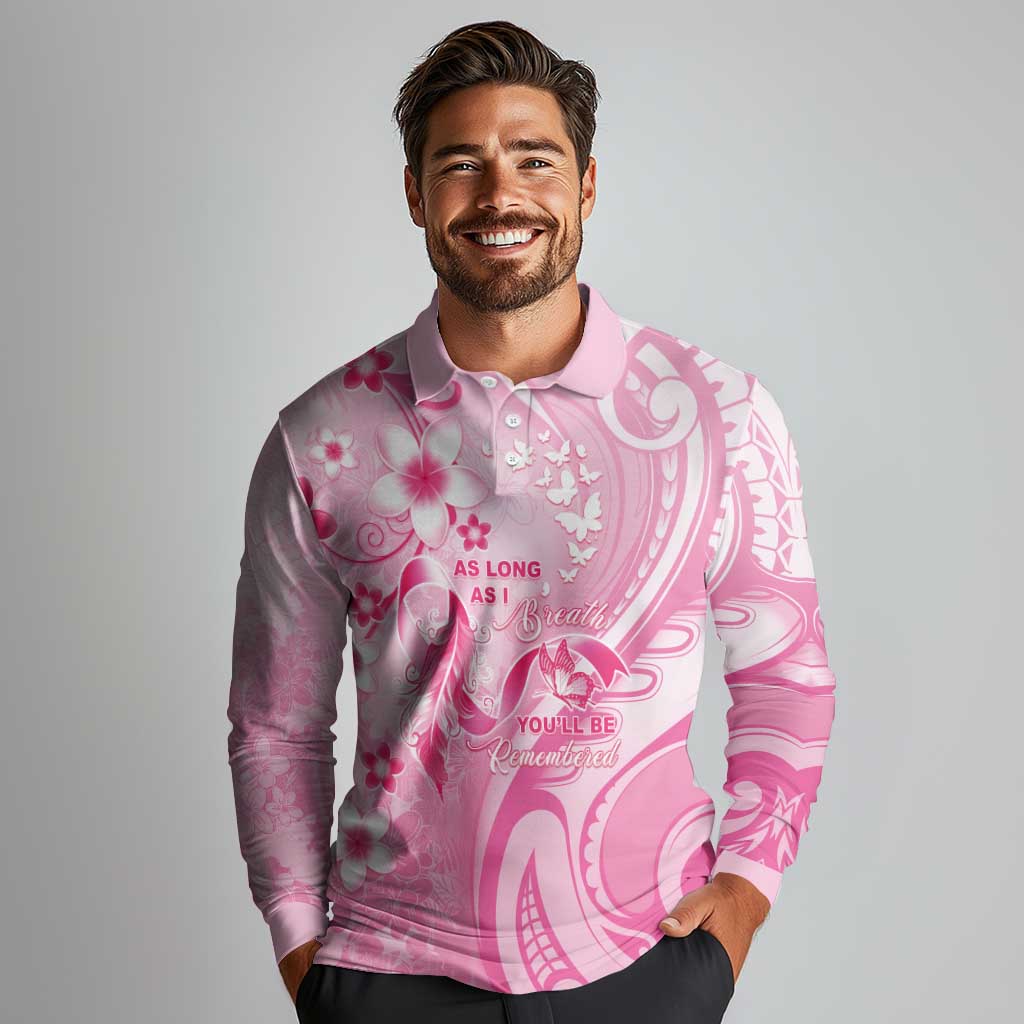 Personalised Memorial Pink Breast Cancer Awareness Long Sleeve Polo Shirt Plumeria Floral Tribal Pattern - Polynesian Pride