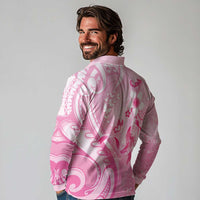 Personalised Memorial Pink Breast Cancer Awareness Long Sleeve Polo Shirt Plumeria Floral Tribal Pattern - Polynesian Pride