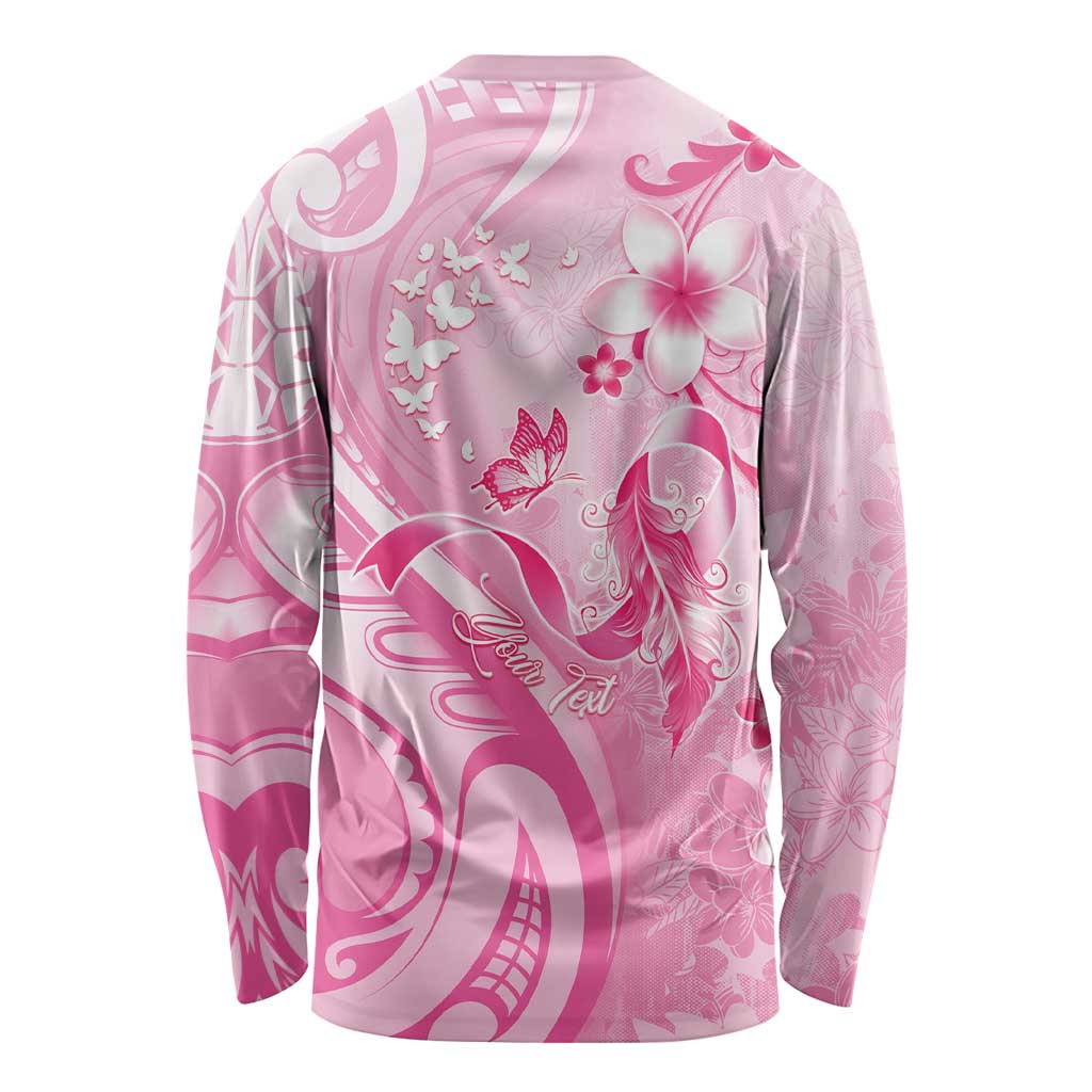 Personalised Memorial Pink Breast Cancer Awareness Long Sleeve Shirt Plumeria Floral Tribal Pattern - Polynesian Pride
