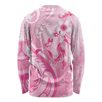 Personalised Memorial Pink Breast Cancer Awareness Long Sleeve Shirt Plumeria Floral Tribal Pattern - Polynesian Pride