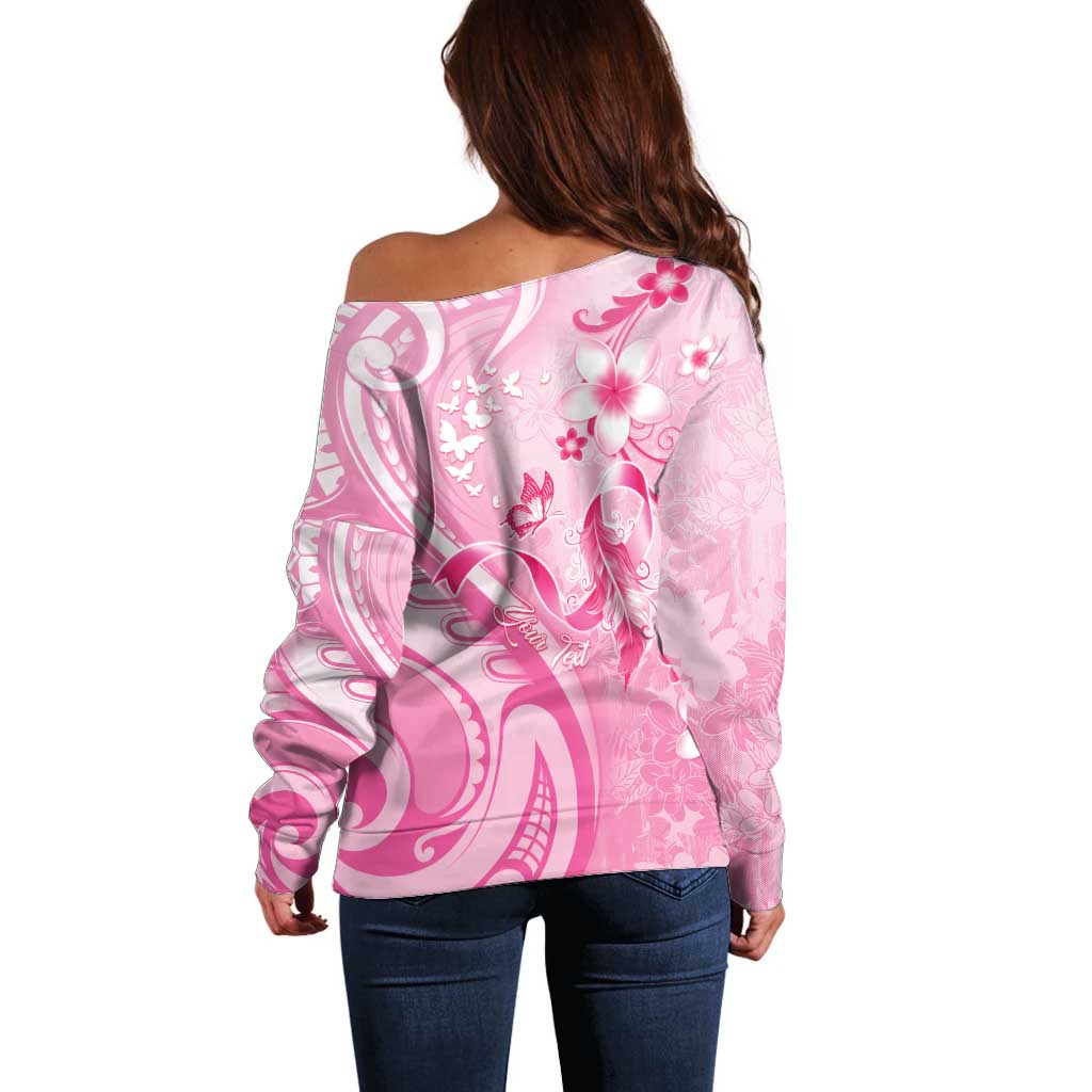 Personalised Memorial Pink Breast Cancer Awareness Off Shoulder Sweater Plumeria Floral Tribal Pattern - Polynesian Pride