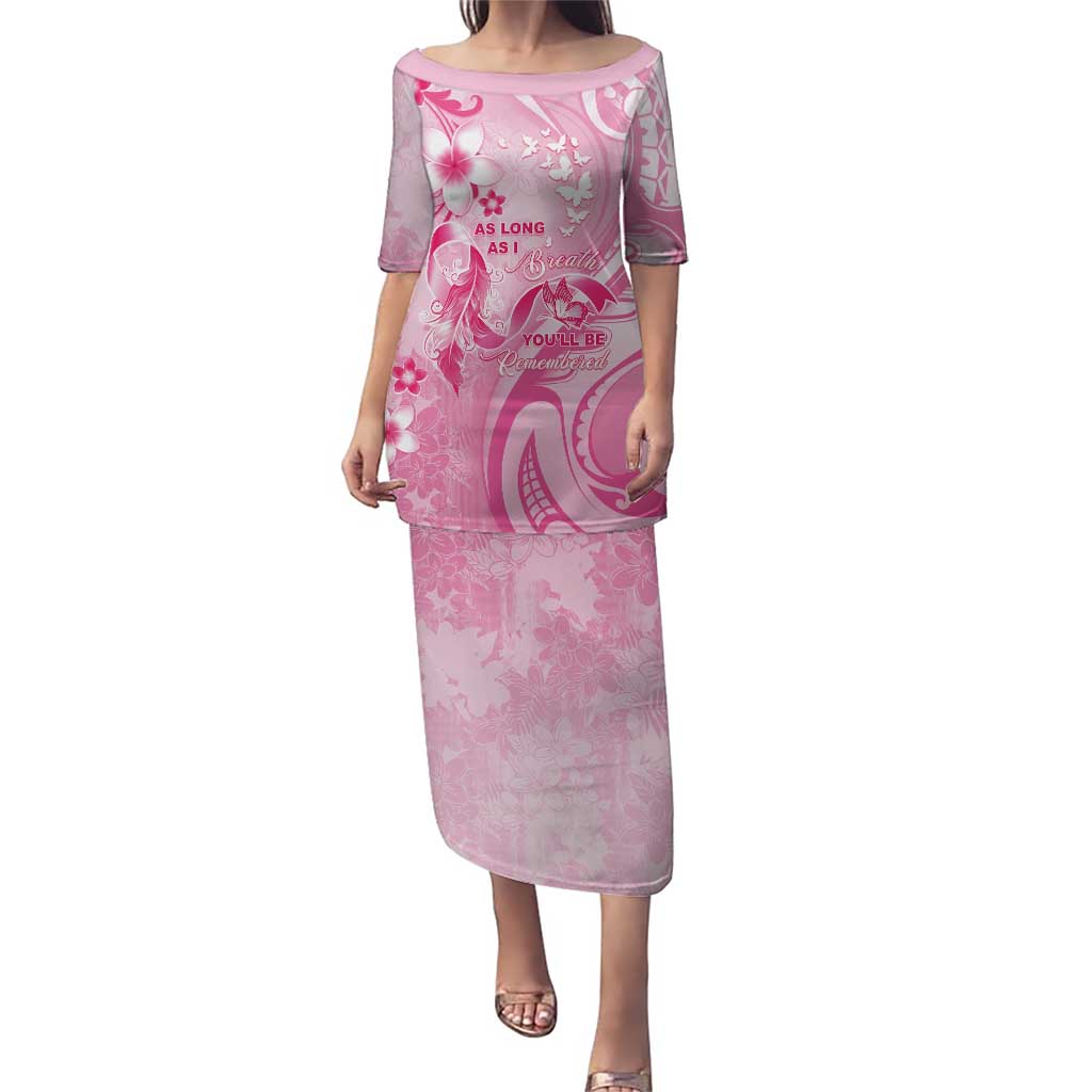 Personalised Memorial Pink Breast Cancer Awareness Puletasi Plumeria Floral Tribal Pattern - Polynesian Pride