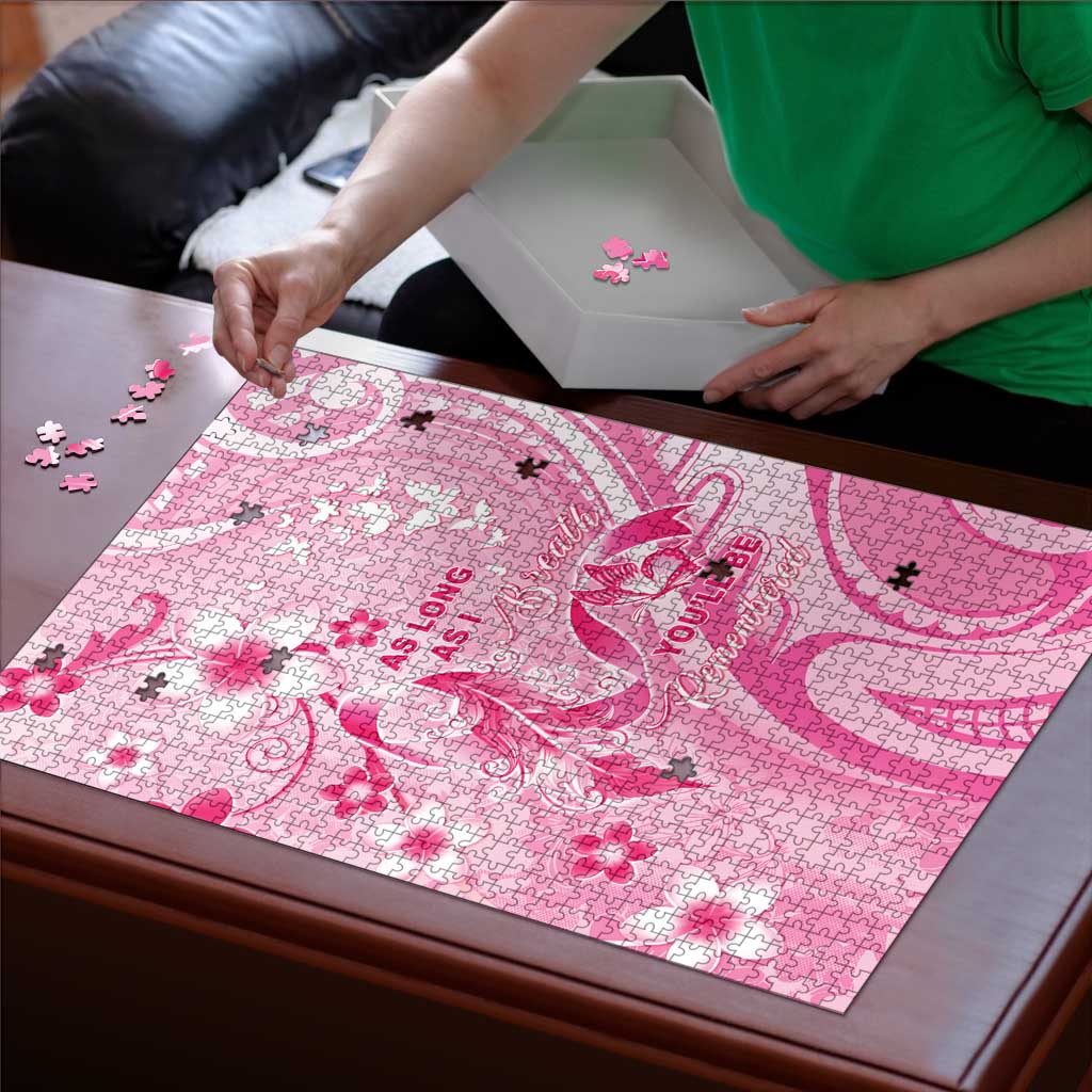 Memorial Pink Breast Cancer Awareness Puzzle Plumeria Floral Tribal Pattern - Polynesian Pride