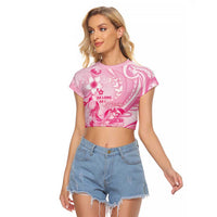Personalised Memorial Pink Breast Cancer Awareness Raglan Cropped T Shirt Plumeria Floral Tribal Pattern - Polynesian Pride