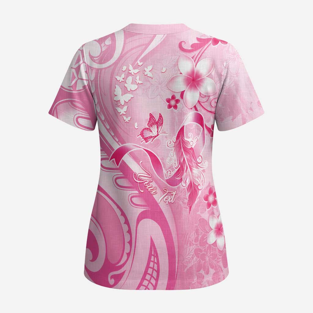 Personalised Memorial Pink Breast Cancer Awareness Scrub Top Plumeria Floral Tribal Pattern - Polynesian Pride
