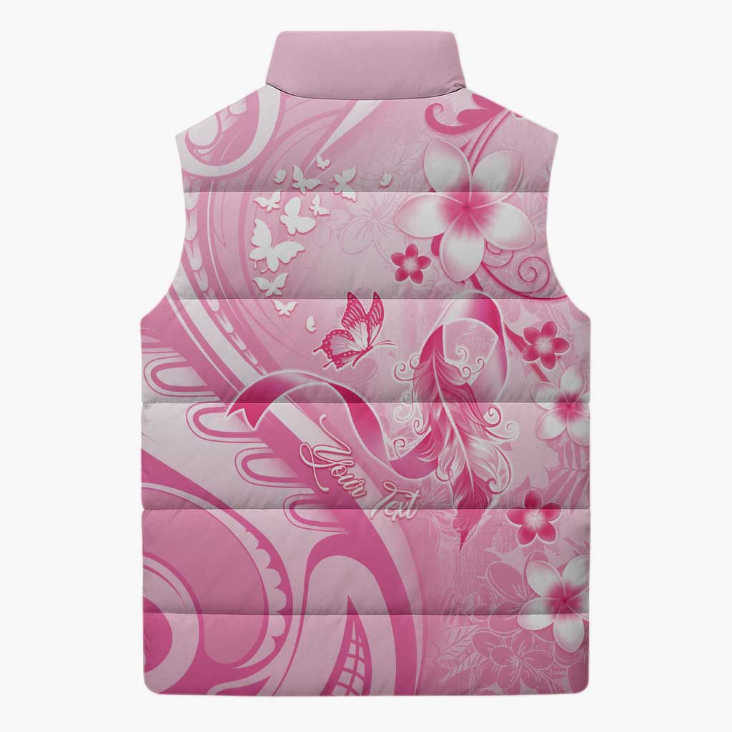 Personalised Memorial Pink Breast Cancer Awareness Sleeveless Puffer Jacket Plumeria Floral Tribal Pattern - Polynesian Pride