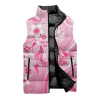 Personalised Memorial Pink Breast Cancer Awareness Sleeveless Puffer Jacket Plumeria Floral Tribal Pattern - Polynesian Pride