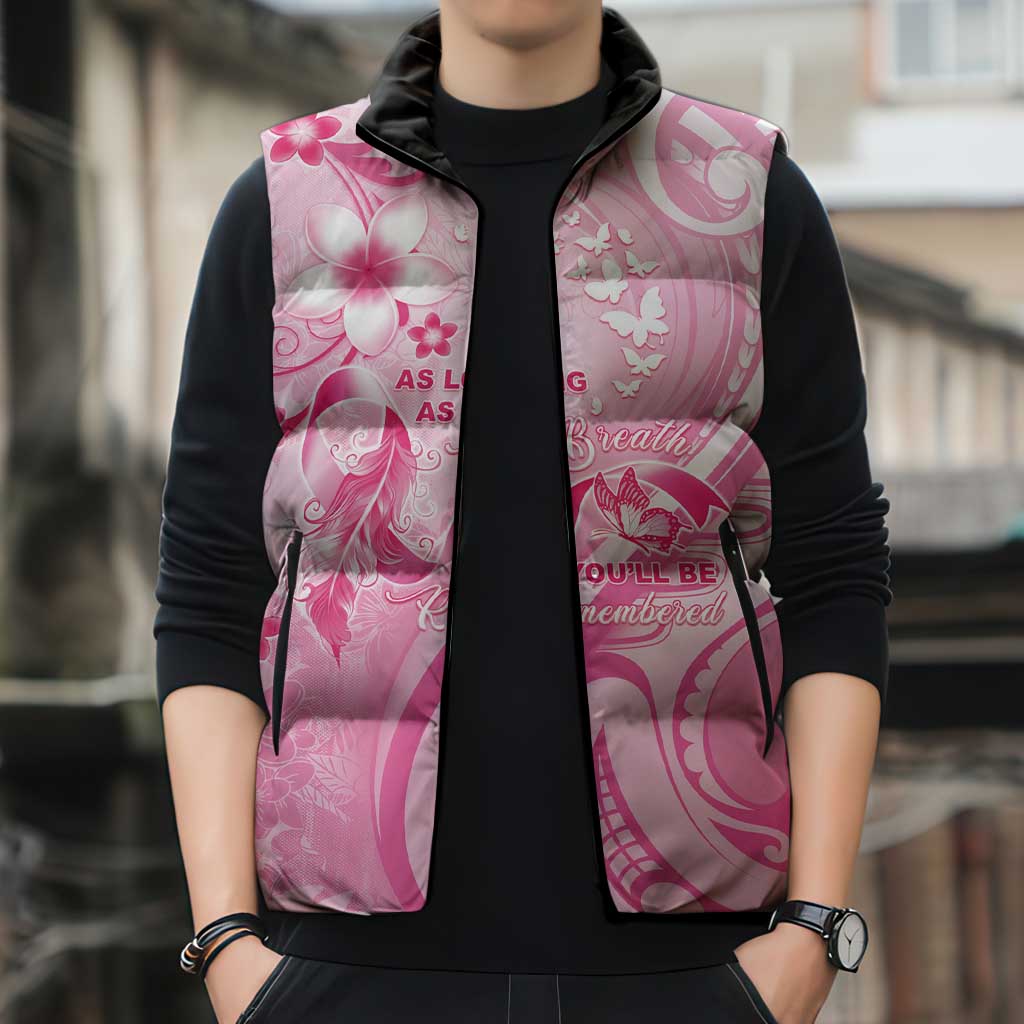 Personalised Memorial Pink Breast Cancer Awareness Sleeveless Puffer Jacket Plumeria Floral Tribal Pattern - Polynesian Pride
