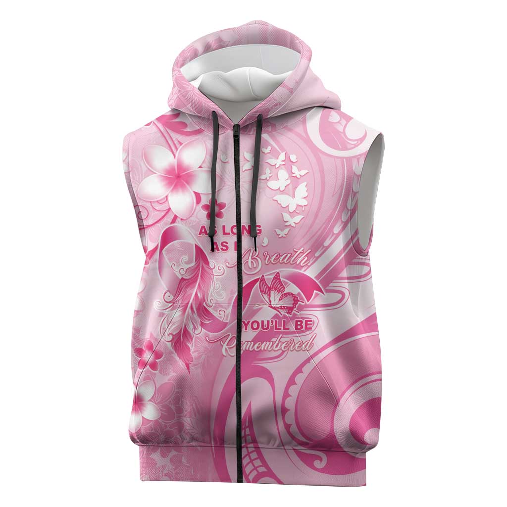 Personalised Memorial Pink Breast Cancer Awareness Sleeveless Zip Hoodie Plumeria Floral Tribal Pattern - Polynesian Pride
