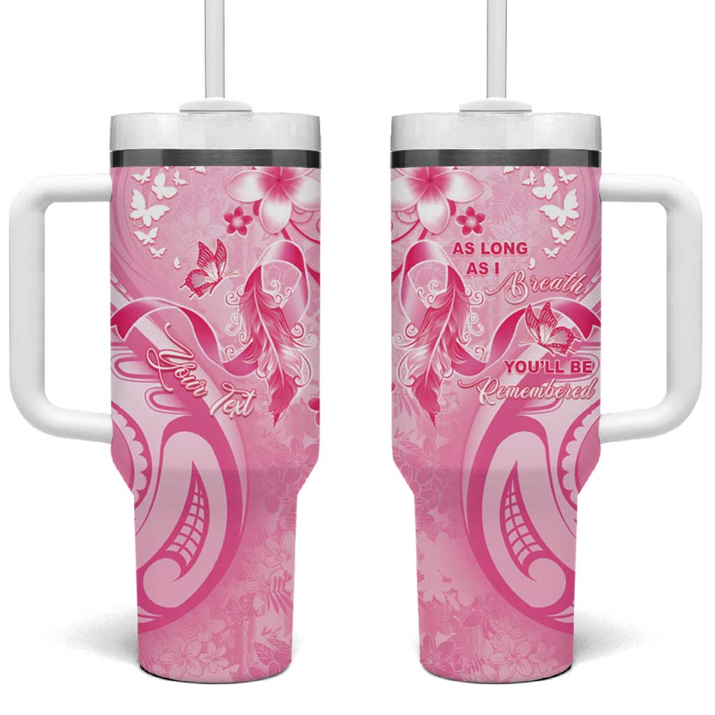 Personalised Memorial Pink Breast Cancer Awareness Tumbler With Handle Plumeria Floral Tribal Pattern - Polynesian Pride