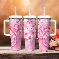 Personalised Memorial Pink Breast Cancer Awareness Tumbler With Handle Plumeria Floral Tribal Pattern - Polynesian Pride