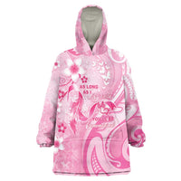 Personalised Memorial Pink Breast Cancer Awareness Wearable Blanket Hoodie Plumeria Floral Tribal Pattern - Polynesian Pride