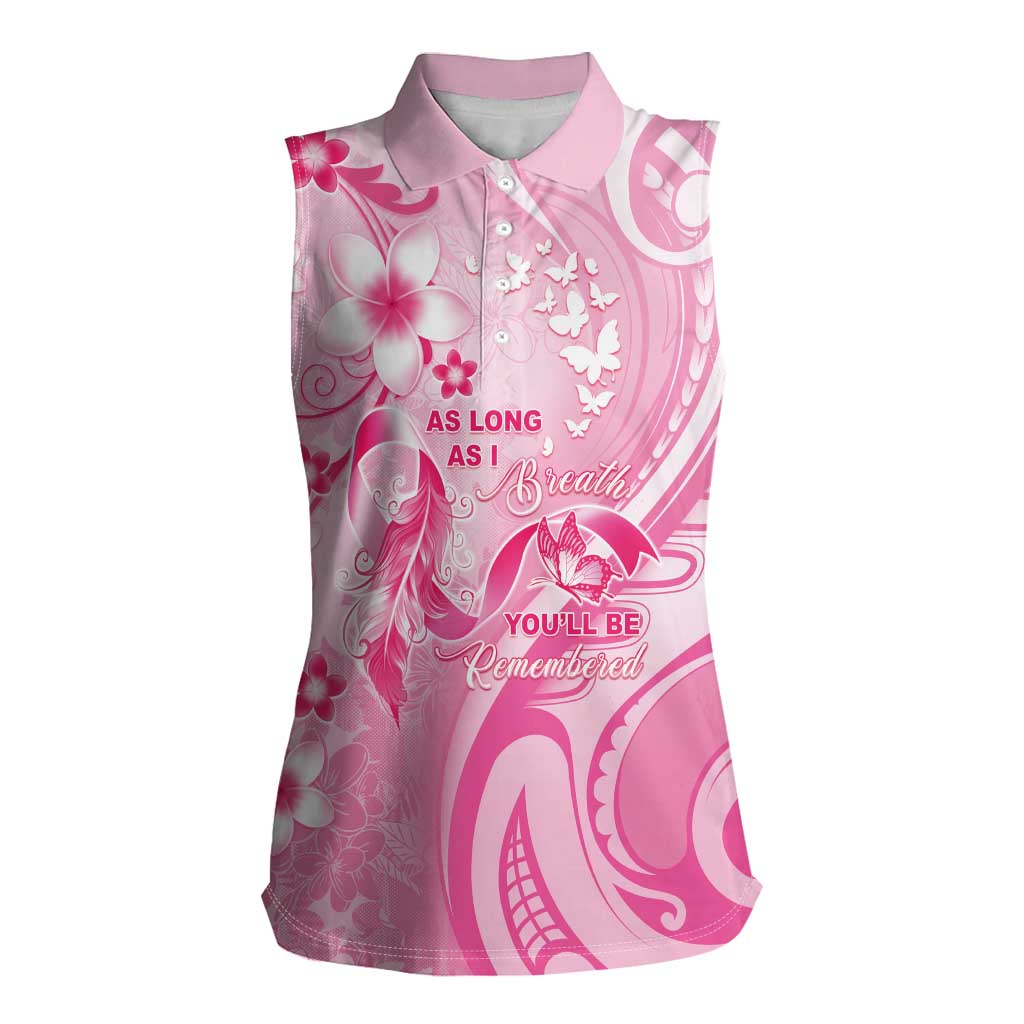 Personalised Memorial Pink Breast Cancer Awareness Women Sleeveless Polo Shirt Plumeria Floral Tribal Pattern - Polynesian Pride