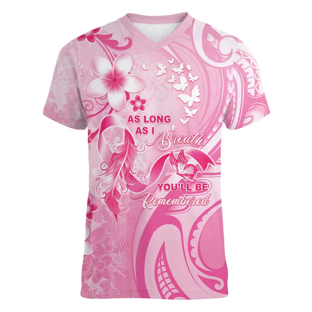 Personalised Memorial Pink Breast Cancer Awareness Women V-Neck T-Shirt Plumeria Floral Tribal Pattern - Polynesian Pride