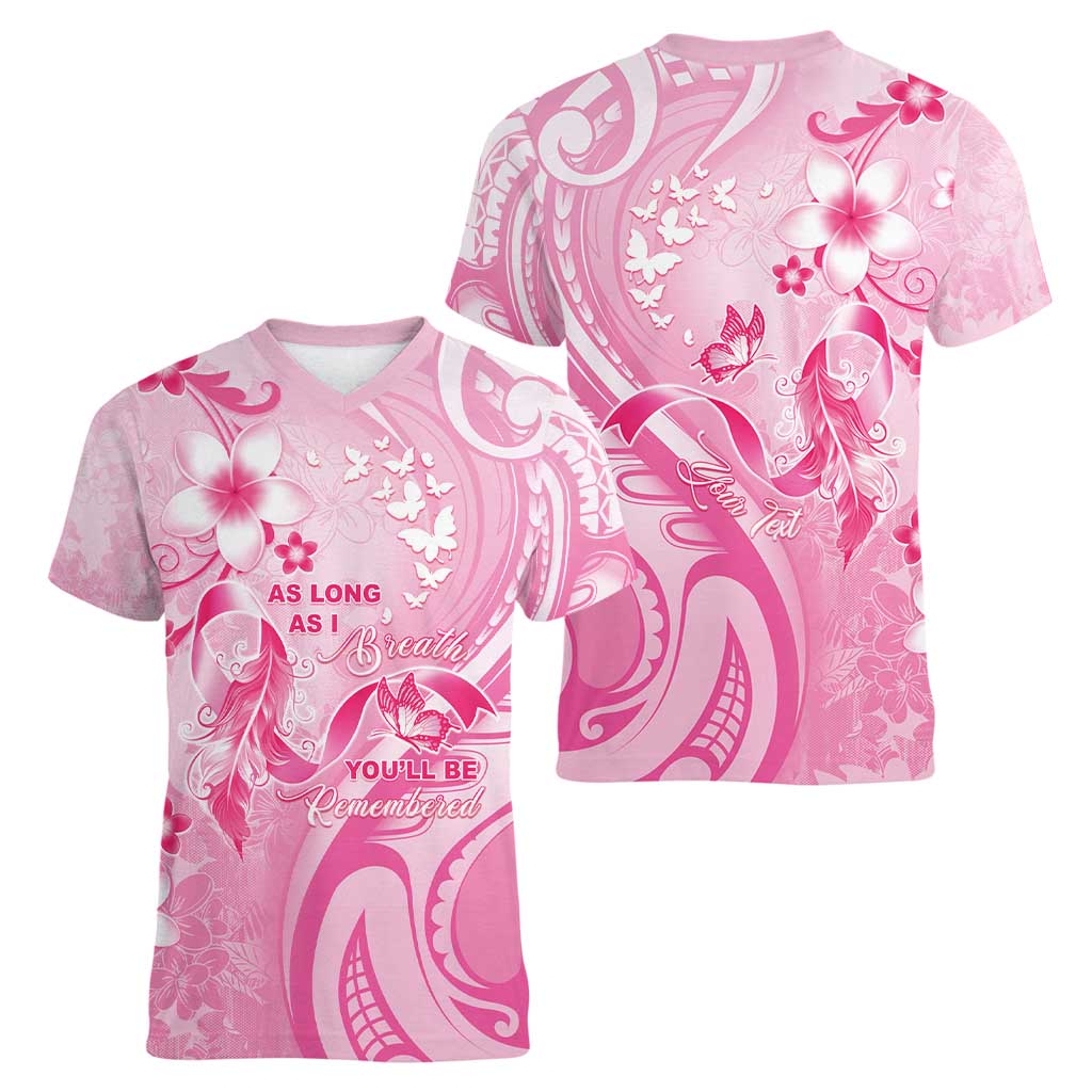 Personalised Memorial Pink Breast Cancer Awareness Women V-Neck T-Shirt Plumeria Floral Tribal Pattern - Polynesian Pride