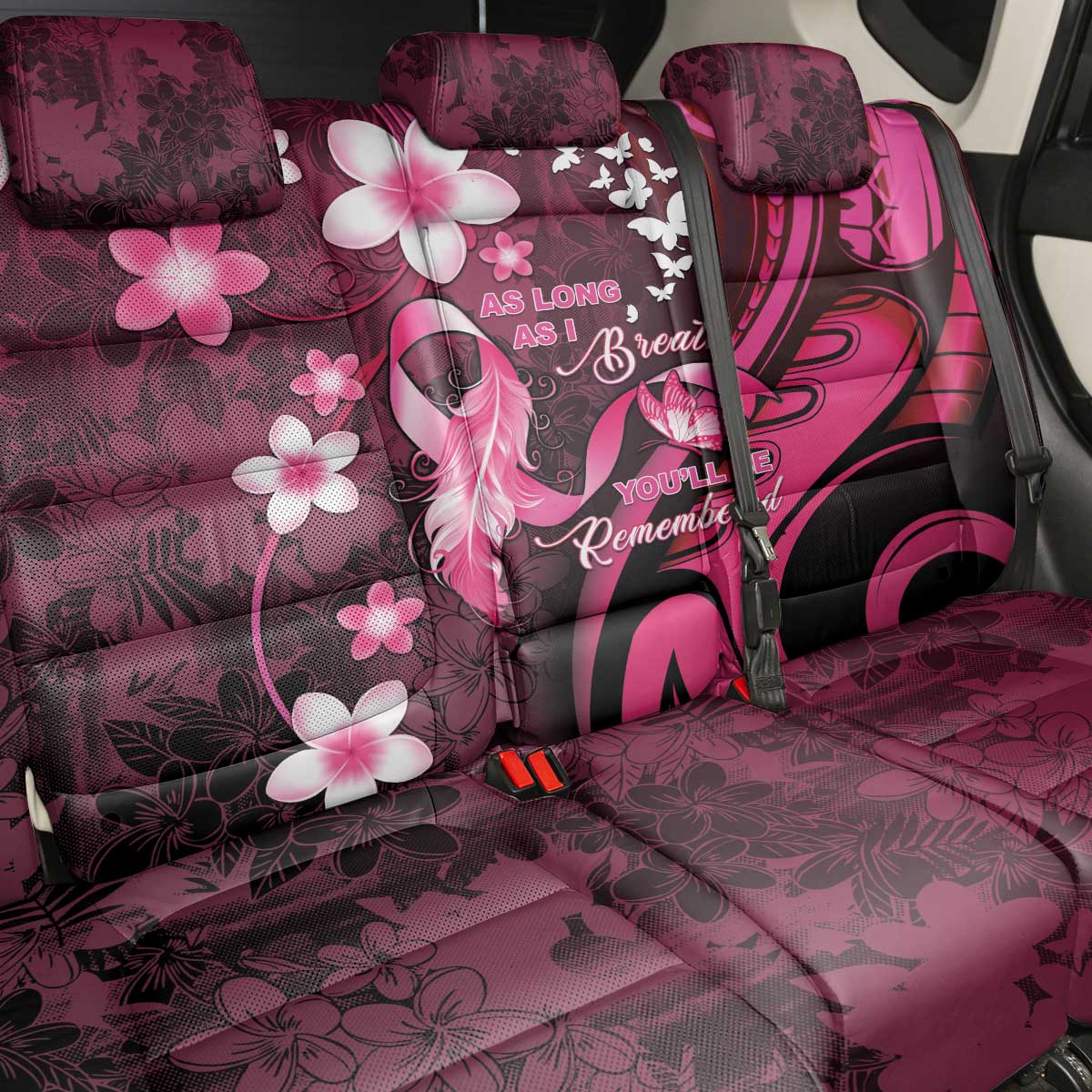 Memorial Breast Cancer Awareness Back Car Seat Cover Plumeria Floral Tribal Pattern - Polynesian Pride
