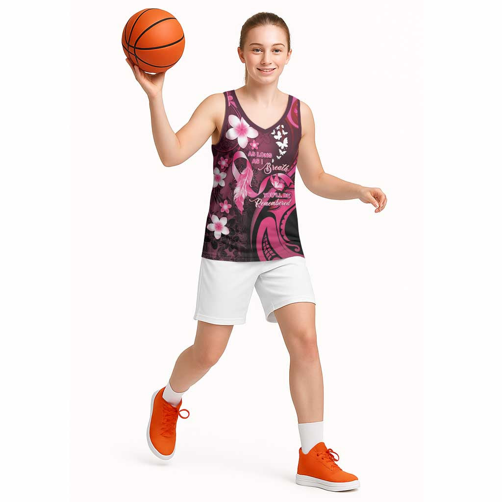 Personalised Memorial Breast Cancer Awareness Basketball Jersey Plumeria Floral Tribal Pattern - Polynesian Pride