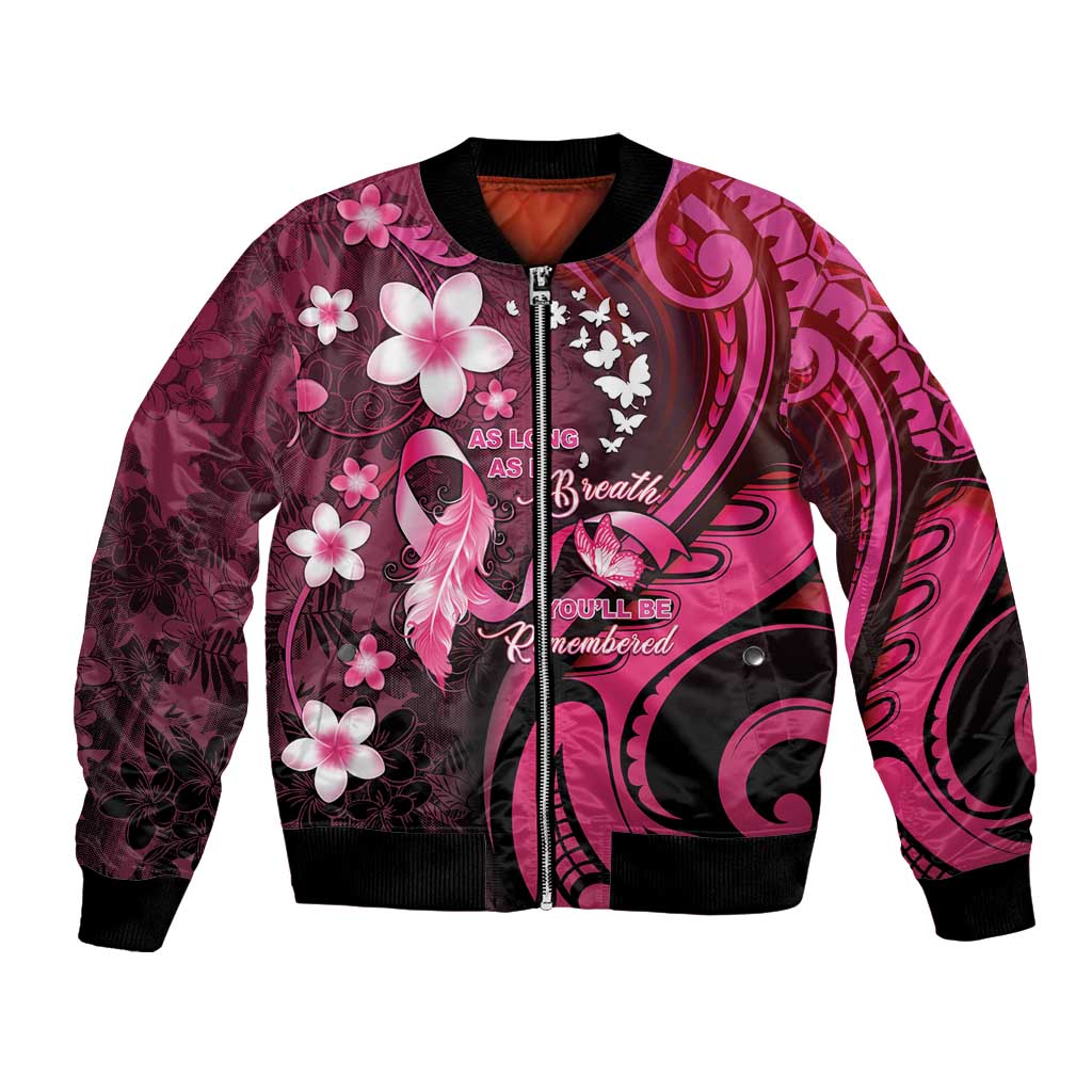 Personalised Memorial Breast Cancer Awareness Bomber Jacket Plumeria Floral Tribal Pattern - Polynesian Pride