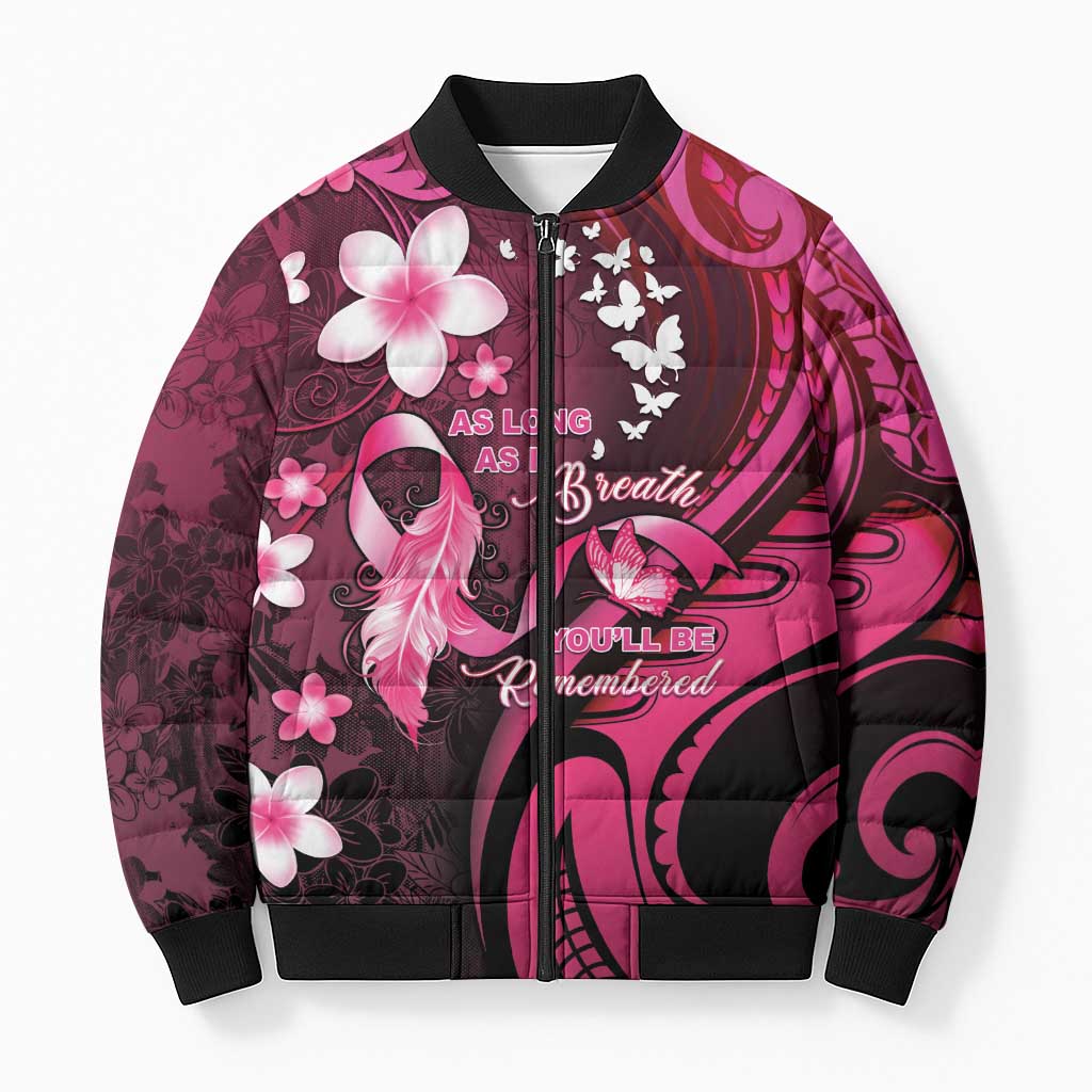 Personalised Memorial Breast Cancer Awareness Bomber Puffer Jacket Plumeria Floral Tribal Pattern LT05 Unisex Black - Polynesian Pride