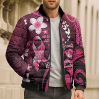 Personalised Memorial Breast Cancer Awareness Bomber Puffer Jacket Plumeria Floral Tribal Pattern - Polynesian Pride
