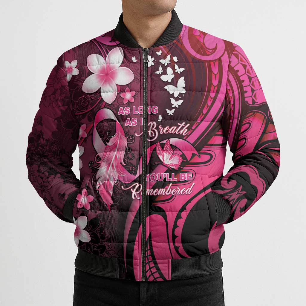 Personalised Memorial Breast Cancer Awareness Bomber Puffer Jacket Plumeria Floral Tribal Pattern - Polynesian Pride