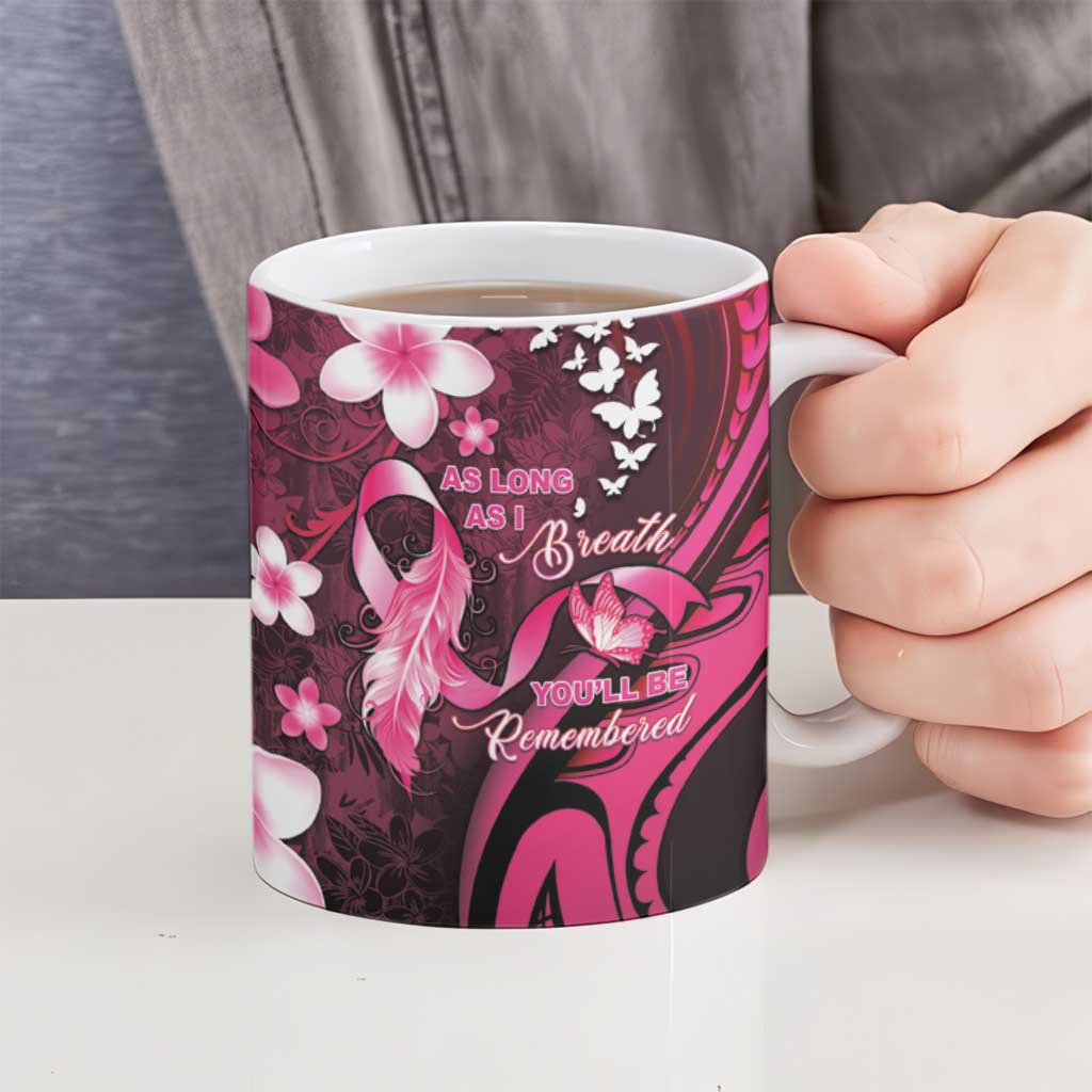 Personalised Memorial Breast Cancer Awareness Ceramic Mug Plumeria Floral Tribal Pattern - Polynesian Pride