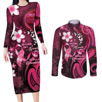 Personalised Memorial Breast Cancer Awareness Couples Matching Long Sleeve Bodycon Dress and Long Sleeve Button Shirt Plumeria Floral Tribal Pattern - Polynesian Pride