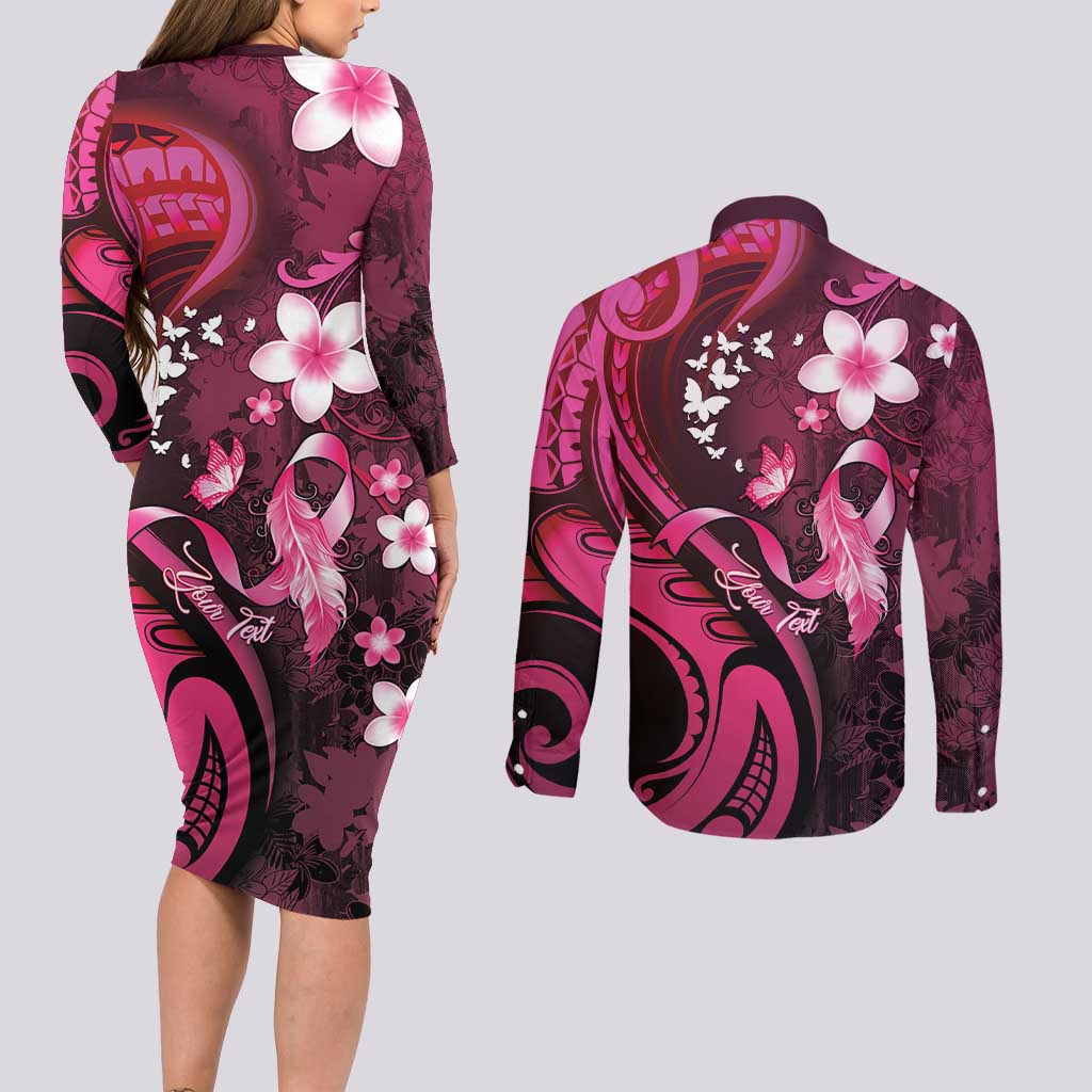 Personalised Memorial Breast Cancer Awareness Couples Matching Long Sleeve Bodycon Dress and Long Sleeve Button Shirt Plumeria Floral Tribal Pattern - Polynesian Pride