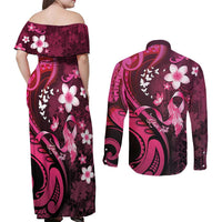Personalised Memorial Breast Cancer Awareness Couples Matching Off Shoulder Maxi Dress and Long Sleeve Button Shirt Plumeria Floral Tribal Pattern - Polynesian Pride