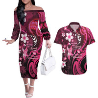 Personalised Memorial Breast Cancer Awareness Couples Matching Off The Shoulder Long Sleeve Dress and Hawaiian Shirt Plumeria Floral Tribal Pattern - Polynesian Pride