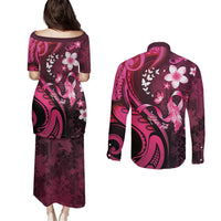 Personalised Memorial Breast Cancer Awareness Couples Matching Puletasi and Long Sleeve Button Shirt Plumeria Floral Tribal Pattern - Polynesian Pride