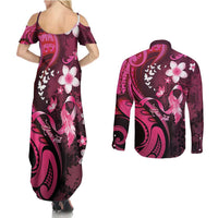 Personalised Memorial Breast Cancer Awareness Couples Matching Summer Maxi Dress and Long Sleeve Button Shirt Plumeria Floral Tribal Pattern - Polynesian Pride