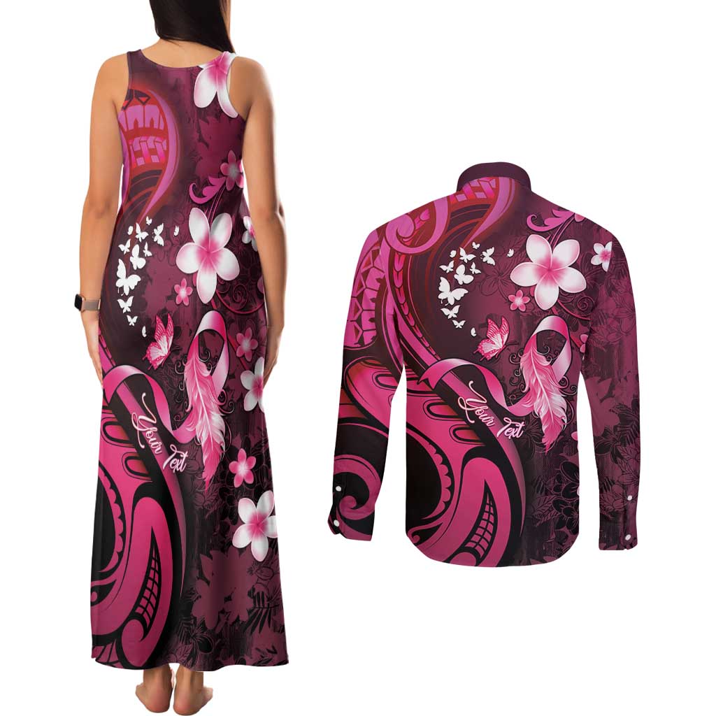 Personalised Memorial Breast Cancer Awareness Couples Matching Tank Maxi Dress and Long Sleeve Button Shirt Plumeria Floral Tribal Pattern - Polynesian Pride