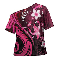 Personalised Memorial Breast Cancer Awareness Cross Shoulder Shirt Plumeria Floral Tribal Pattern - Polynesian Pride