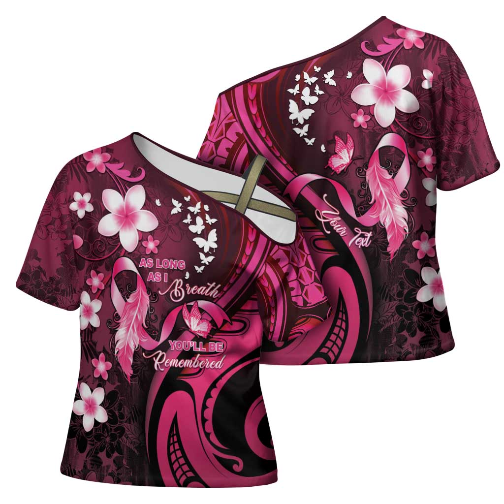 Personalised Memorial Breast Cancer Awareness Cross Shoulder Shirt Plumeria Floral Tribal Pattern - Polynesian Pride