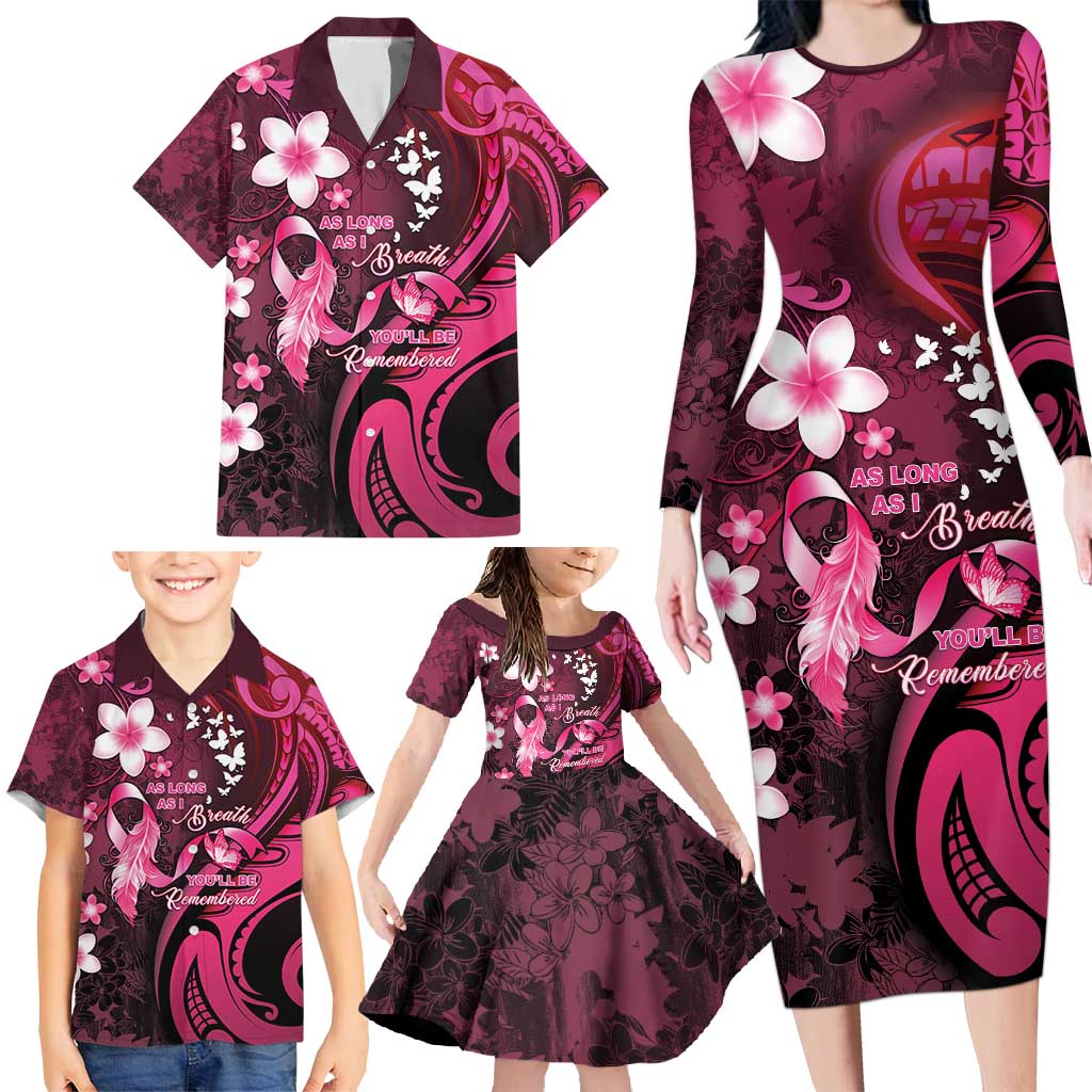 Personalised Memorial Breast Cancer Awareness Family Matching Long Sleeve Bodycon Dress and Hawaiian Shirt Plumeria Floral Tribal Pattern - Polynesian Pride